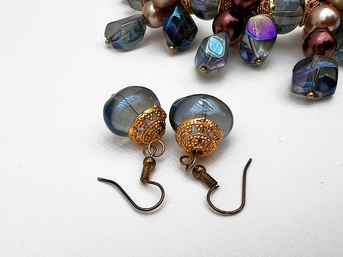 Collier artisanal femme chic - Brise de nuit - Perles dorées bleues et boucles d’oreilles