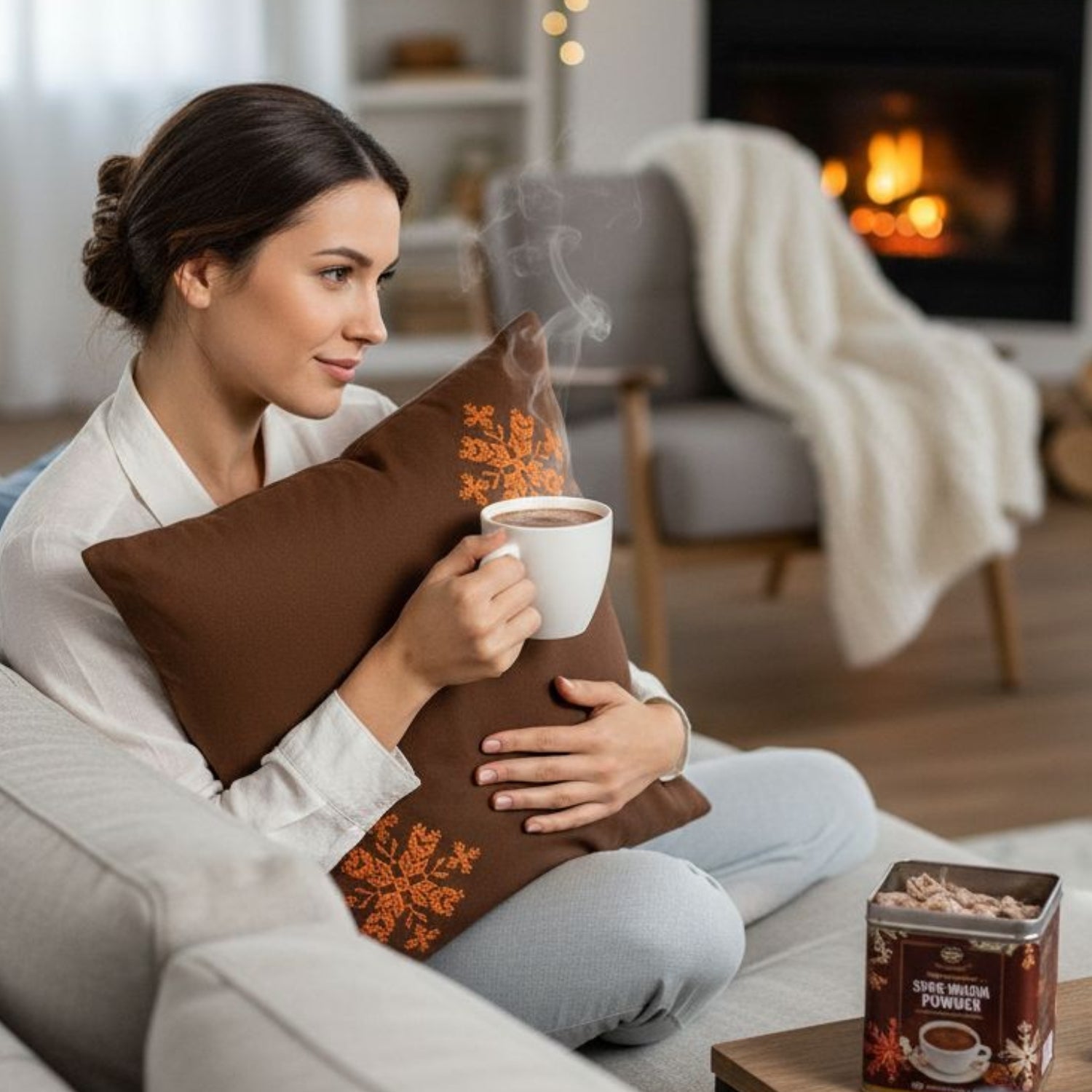 Coussin marron brodé à la main flocon de neige