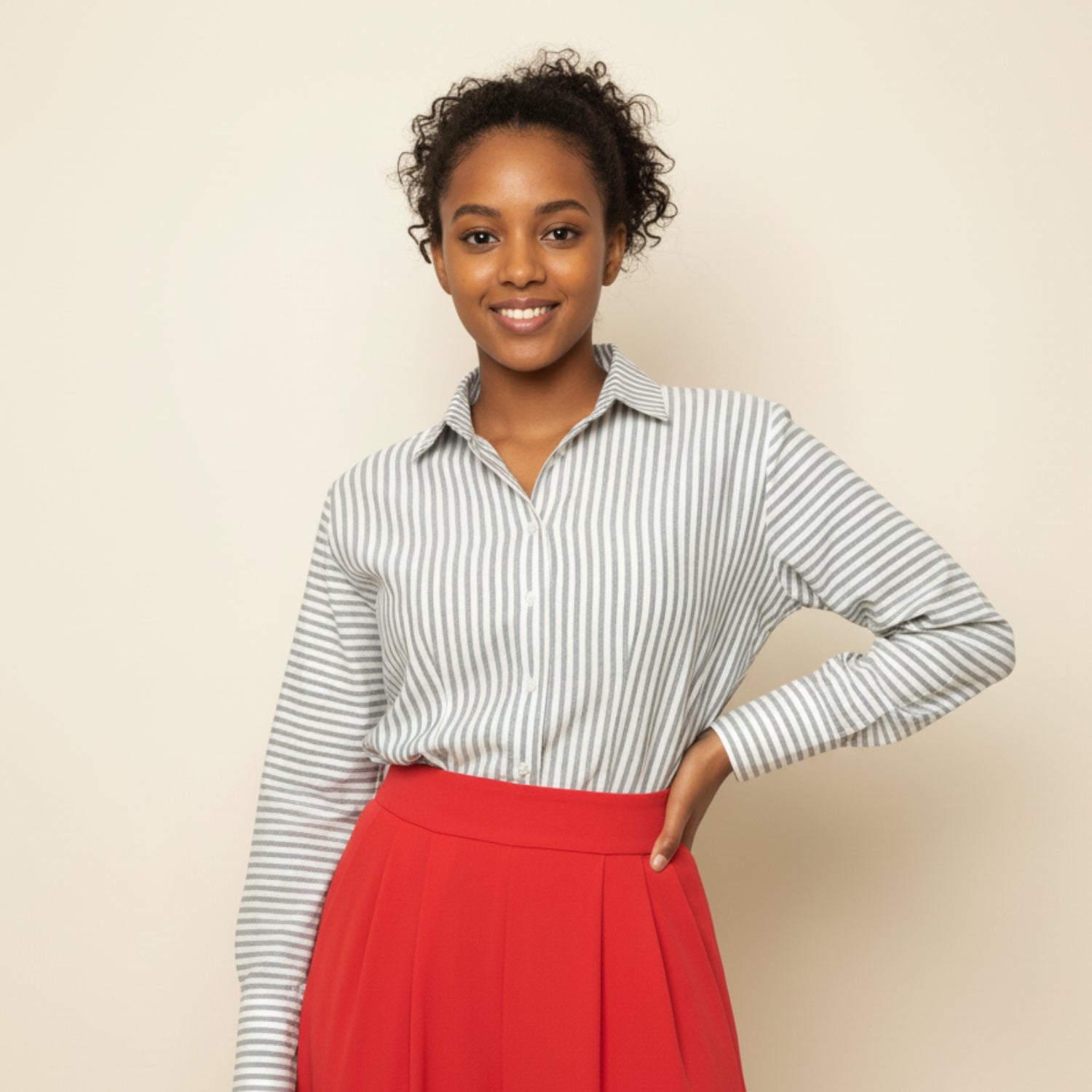 Ensemble chemise lin femme rayée chic et jupe rouge