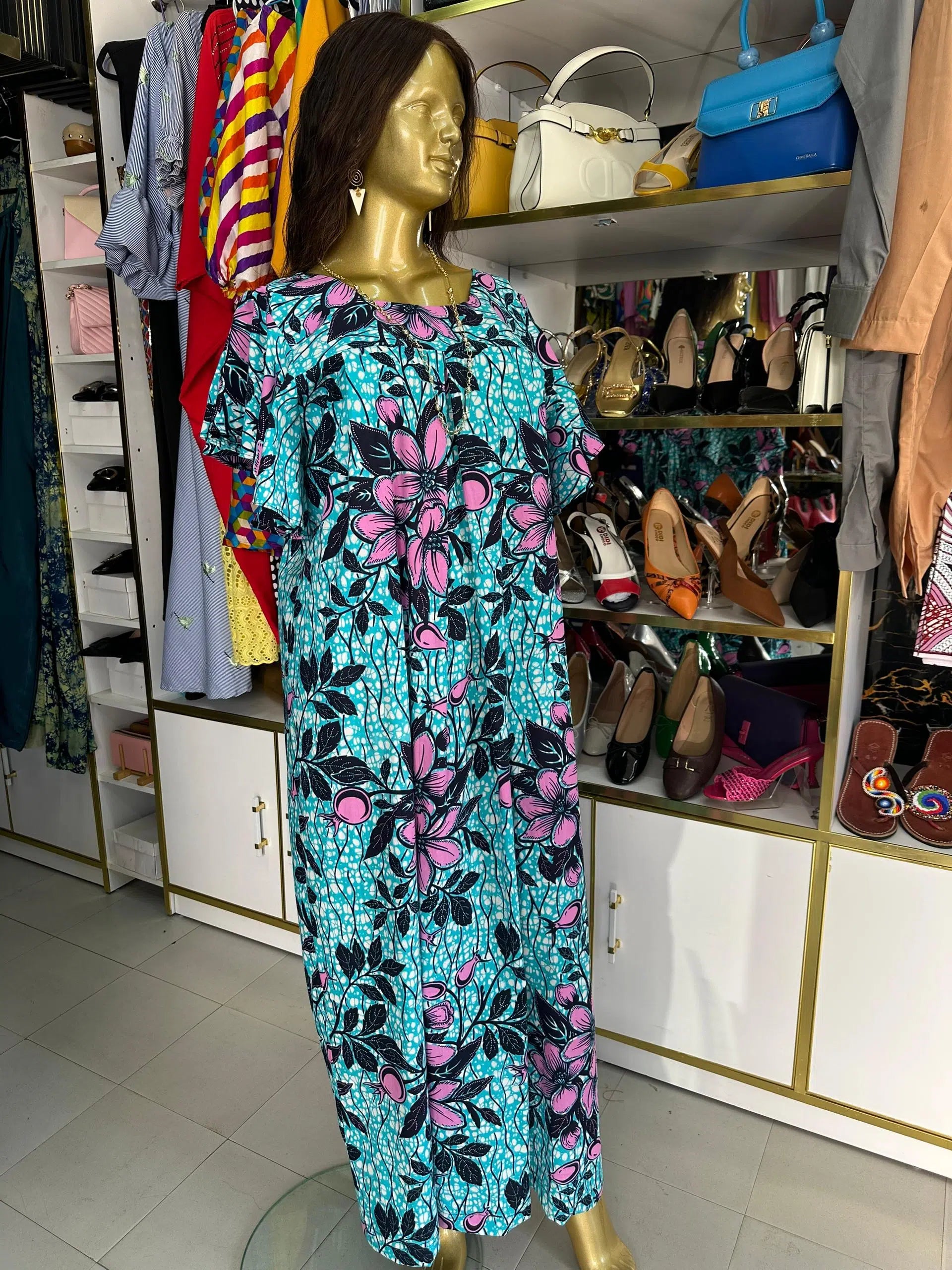 Robe wax maxi turquoise avec foulard