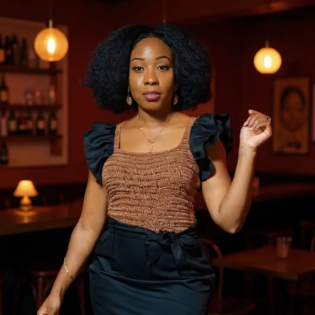 Robe FIRWI longue noire avec crochet marron clair