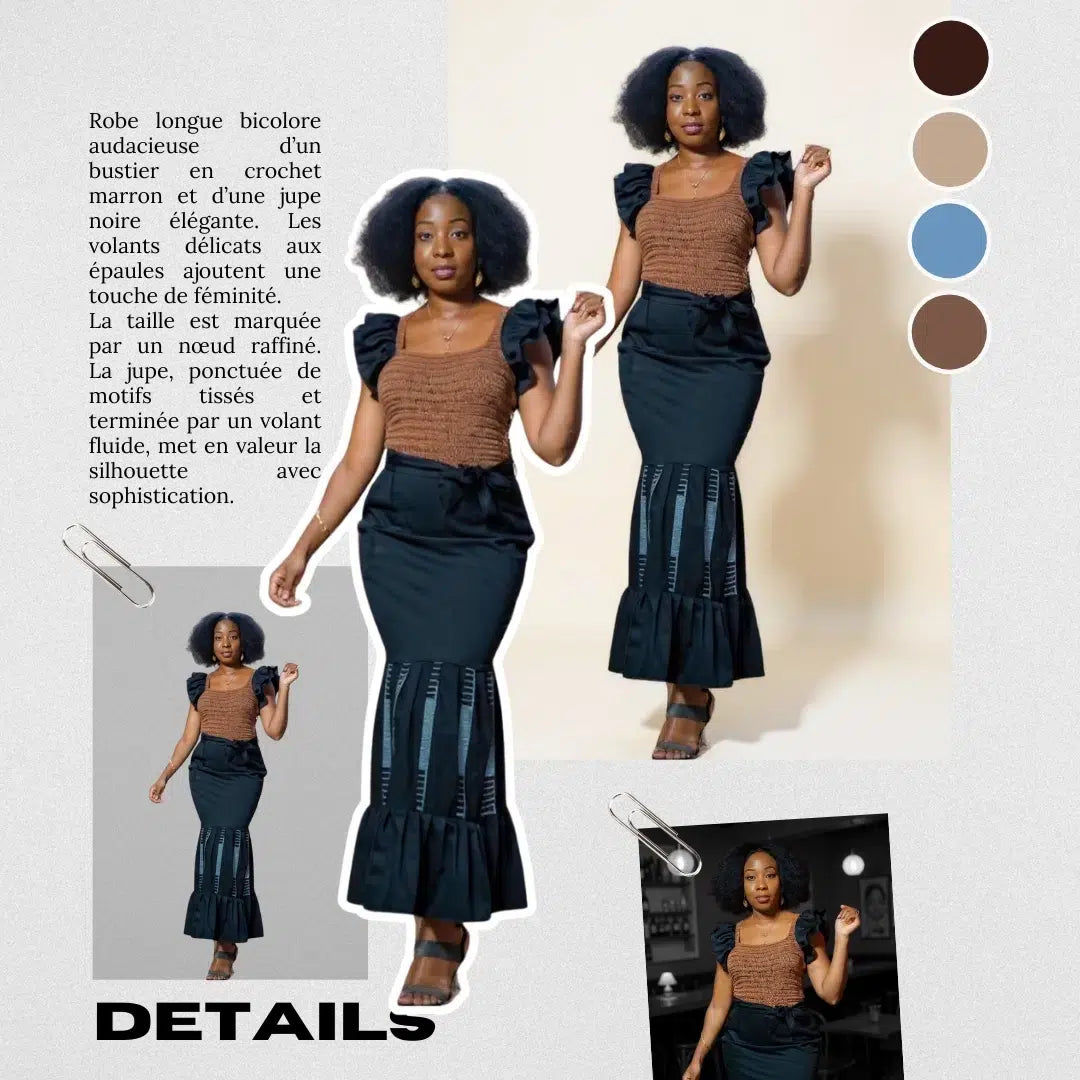 Robe FIRWI longue noire avec crochet marron clair