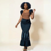 Robe FIRWI longue noire avec crochet marron clair