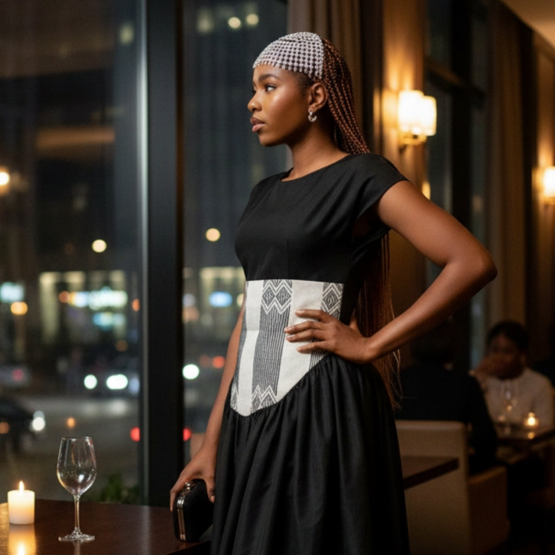 Robe ZAYA courte noire évasée avec ceinture pagne tissé