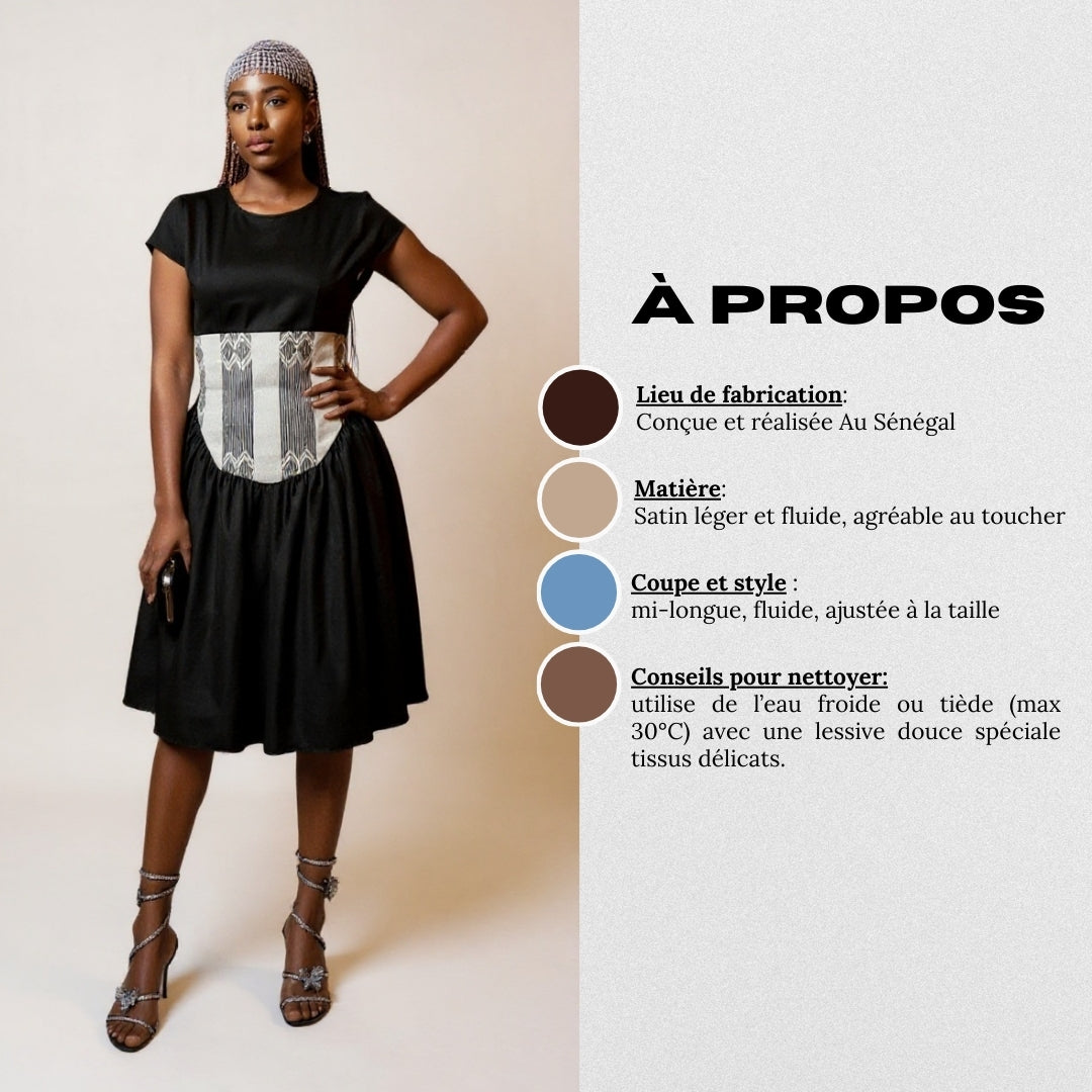 Robe ZAYA courte noire évasée avec ceinture pagne tissé