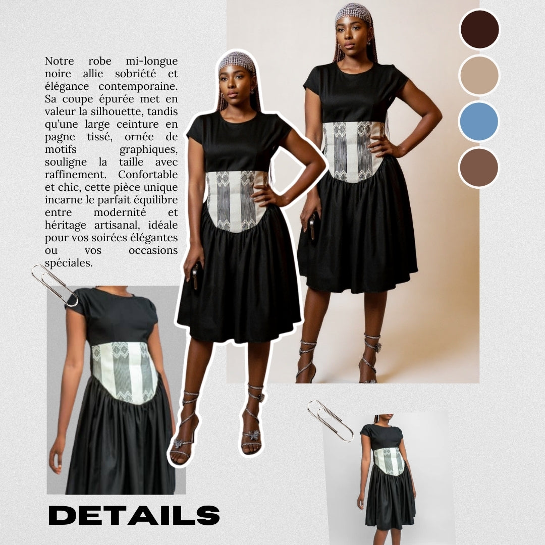 Robe ZAYA courte noire évasée avec ceinture pagne tissé