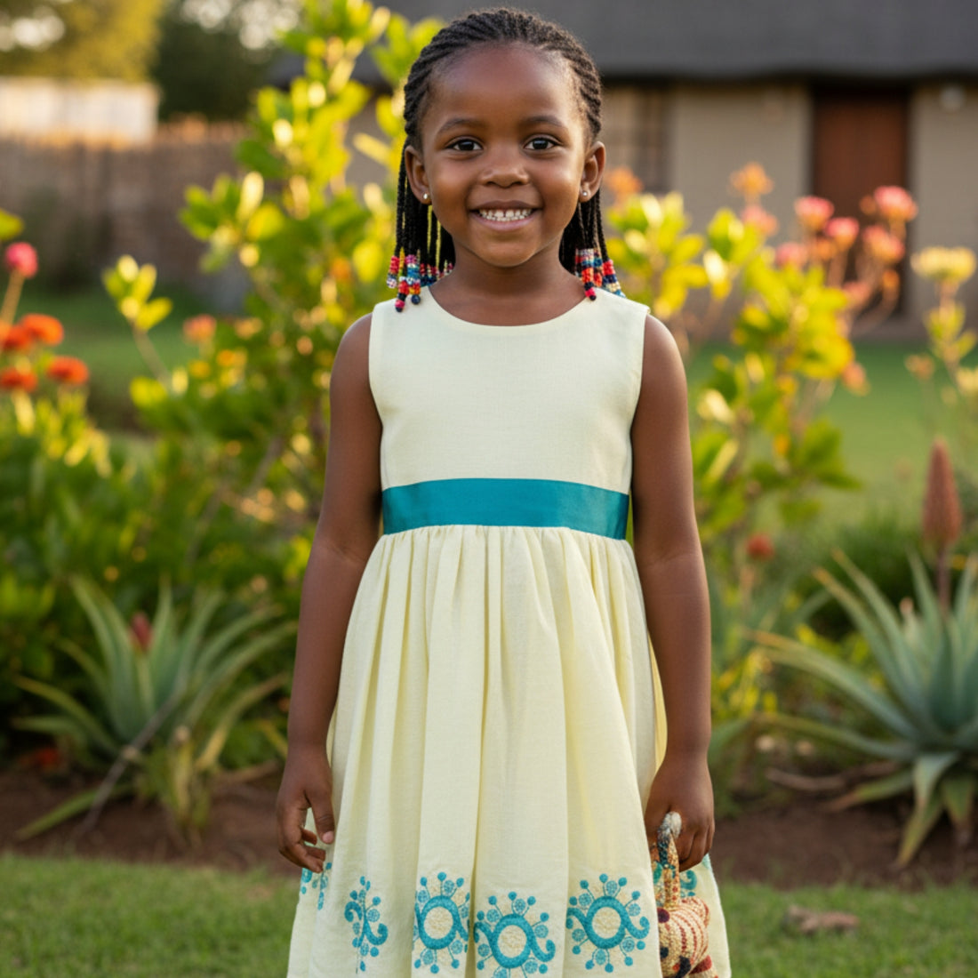 Robe cérémonie fille en coton coloré jaune avec broderies