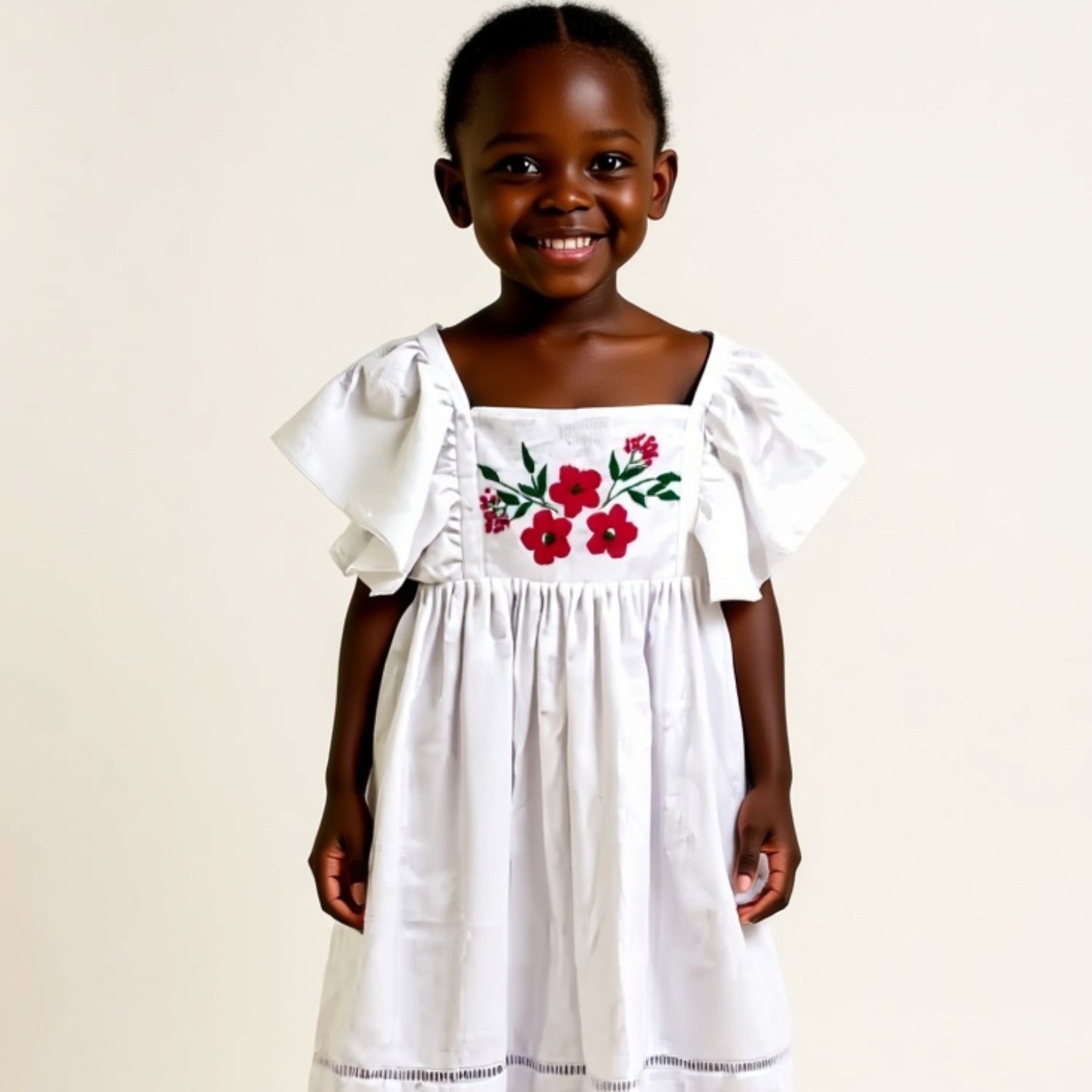Robe coton brodé fille blanche bohème avec des broderies en rouge