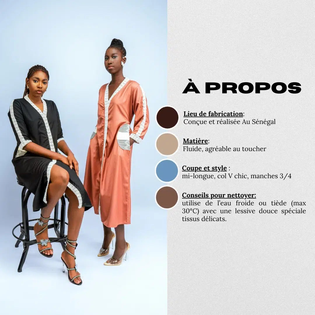 Robe mi-longue en crochet chic avec poches en noire ou marron