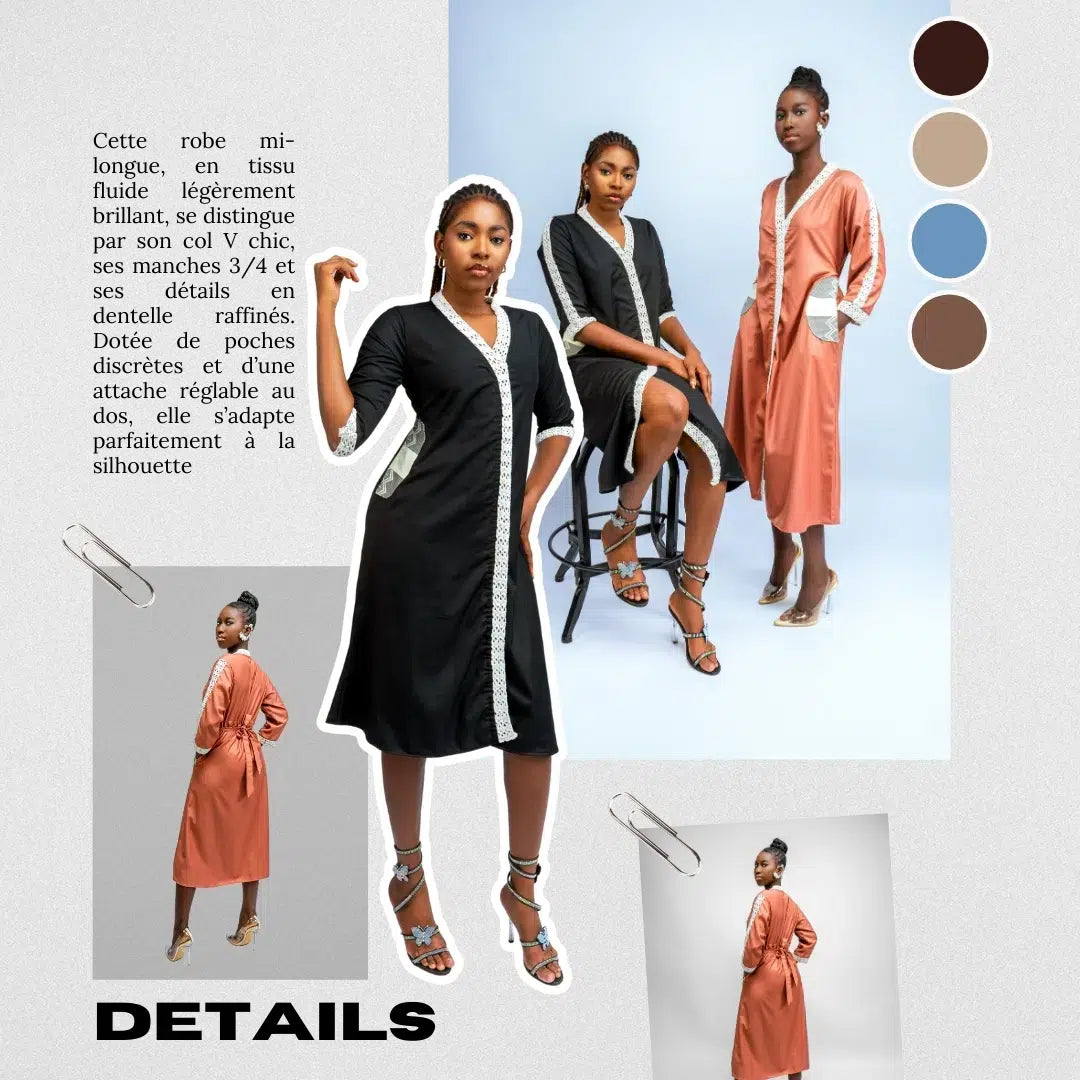 Robe mi-longue en crochet chic avec poches en noire ou marron