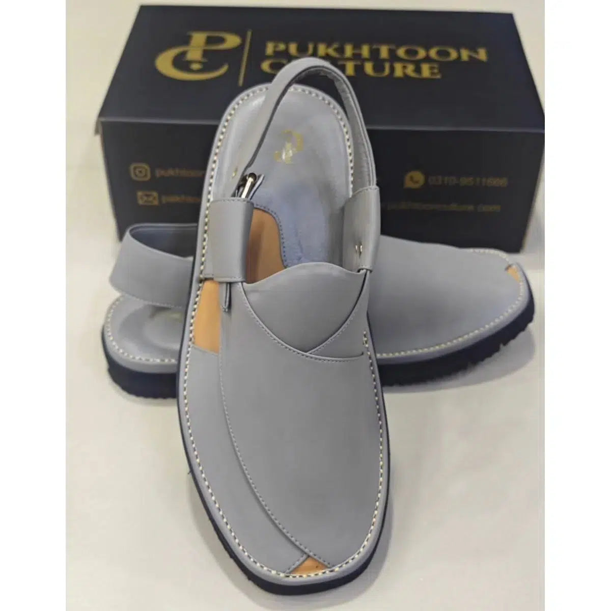 Chaussures pakistanaises homme cuir gris style Pukhtoon, artisanales et élégantes