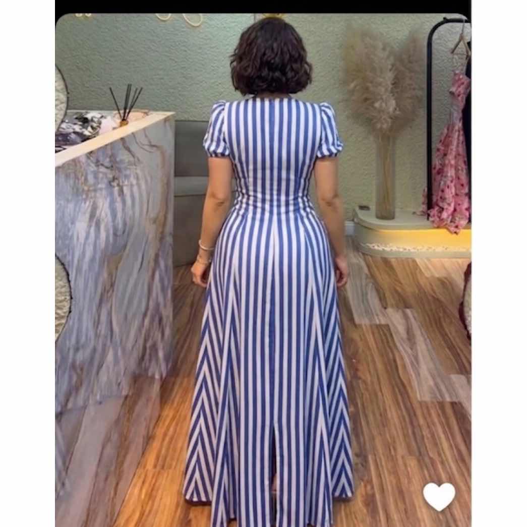 Robe longue femme bleu marine rayée décolleté en V