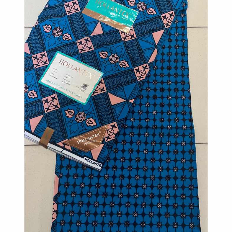 Pagne hollantex original 6 yards – tissu wax africain bleu et beige