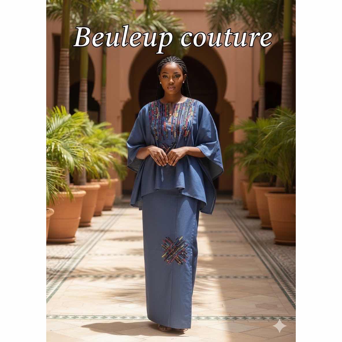 Robe femme bleue longue brodée coton