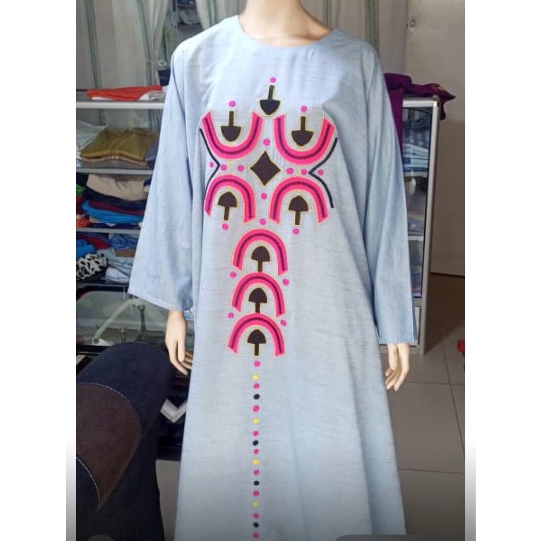 Tunique femme moderne ample coton, col rond, motifs géométriques, blue gris taille standard (L)