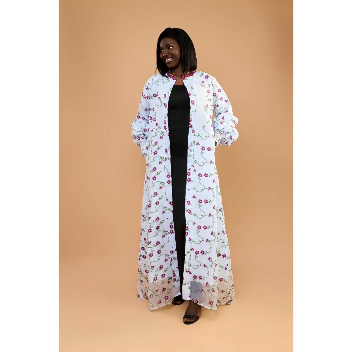Robe Longue Fleurie Beige Élégante pour Femme