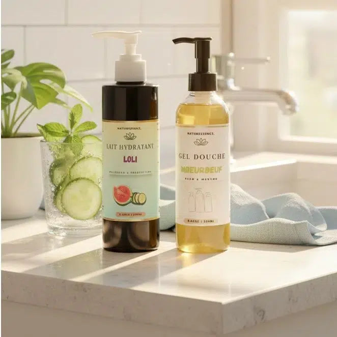 Duo lait hydratant naturel &amp; gel douche purifiant – Soin fraîcheur vegan