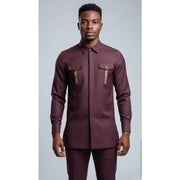 Ensemble couture homme élégant chemise bordeaux et pantalon coupe droite