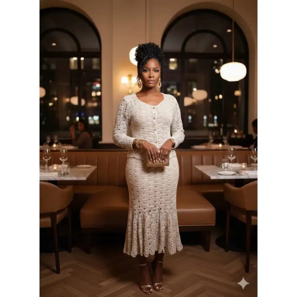 Ensemble jupe et chemisier bohème chic en crochet fait main coton lin