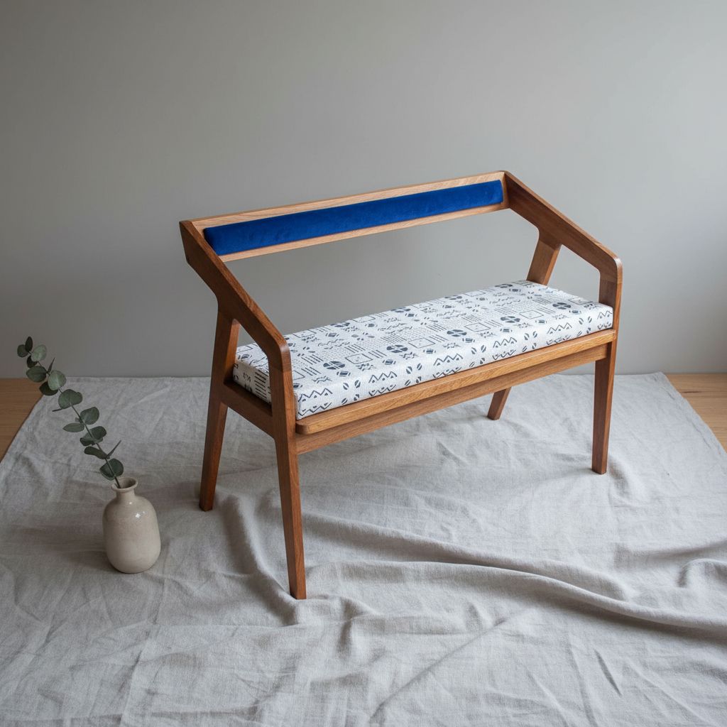 Banquette bois et velours bleu roi design moderne scandinave 70x90 cm