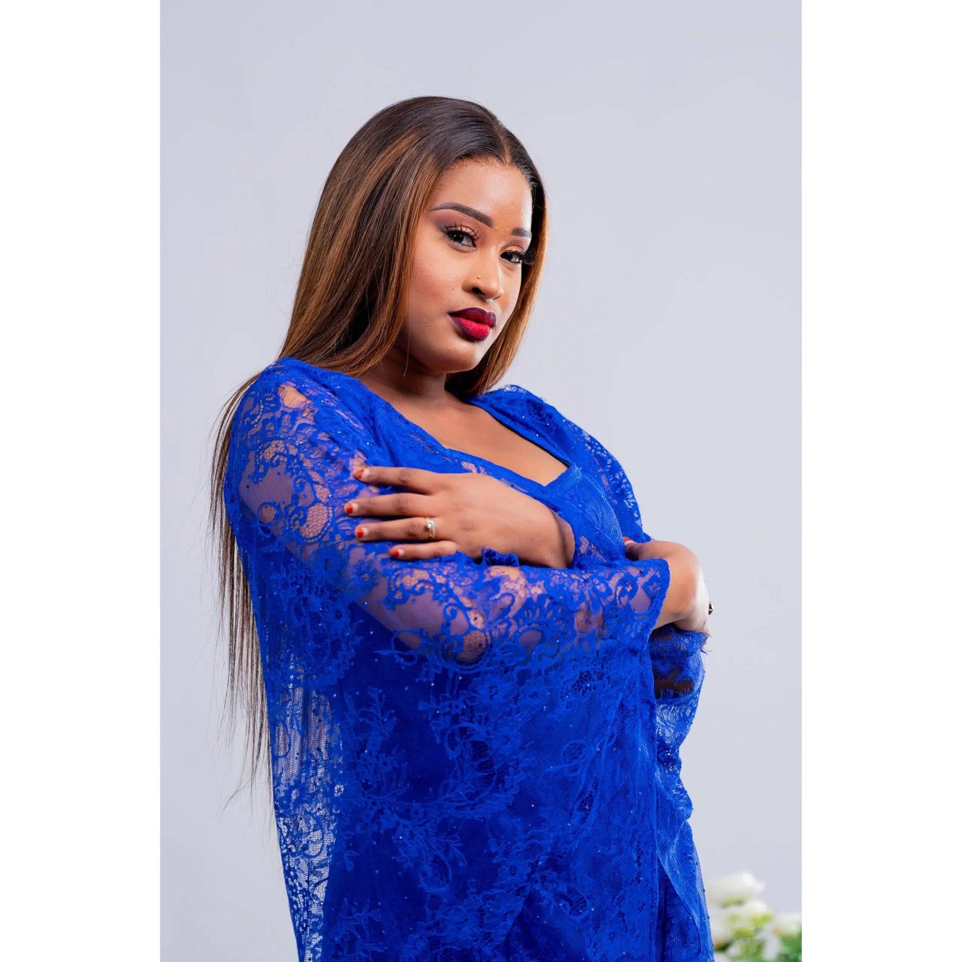 Robe dentelle longue femme bleu royal élégante cérémonie et soirée chic