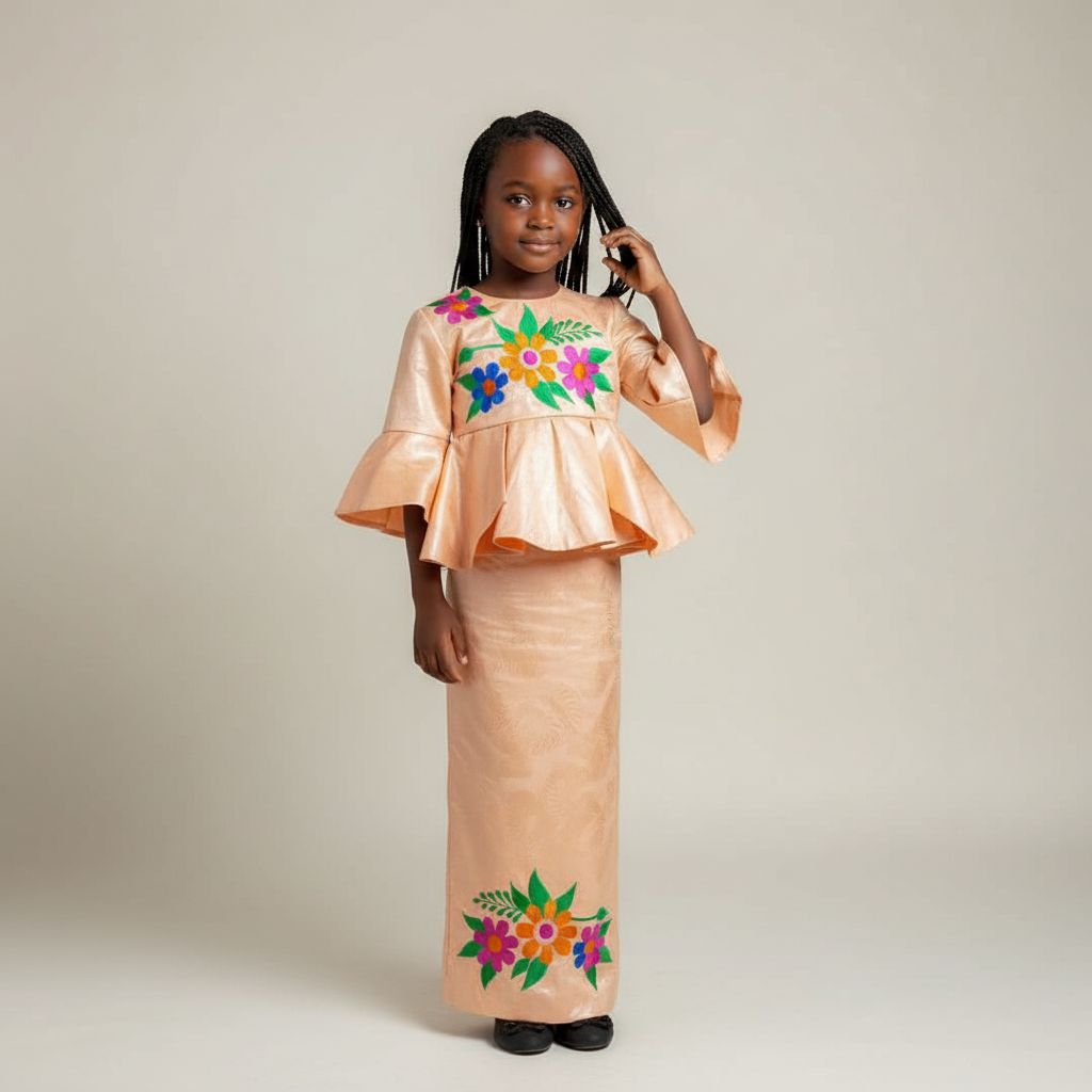 Bazin fille 5 ans orange clair, ensemble cérémonie jupe et haut élégant