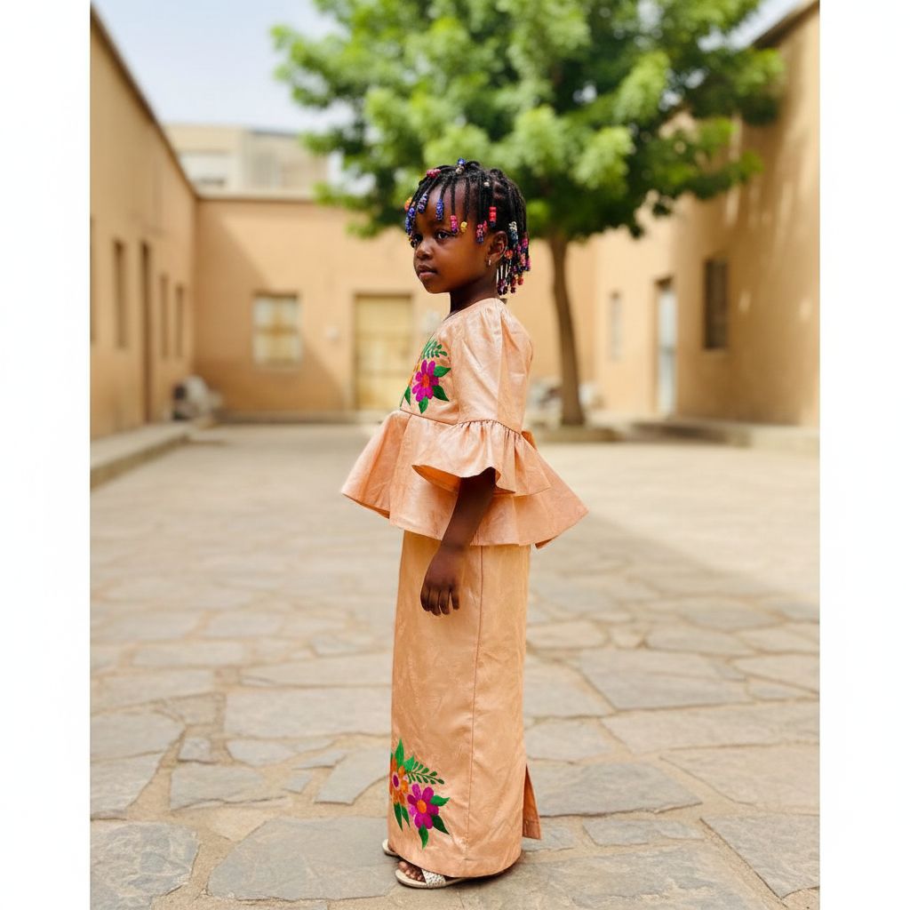 Bazin fille 5 ans orange clair, ensemble cérémonie jupe et haut élégant