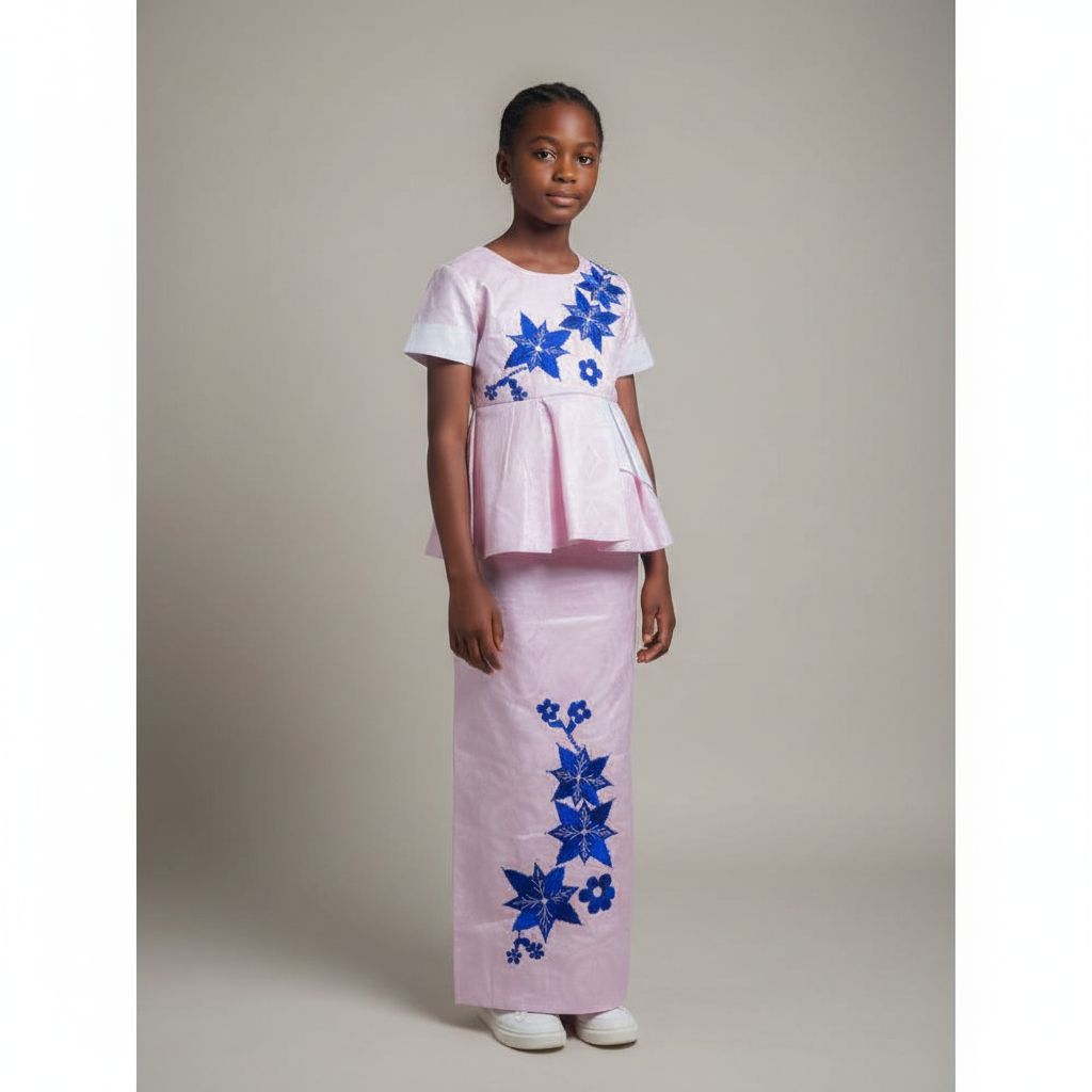 Ensemble bazin riche fille 10 ans rose et blanc, cérémonie africaine élégante