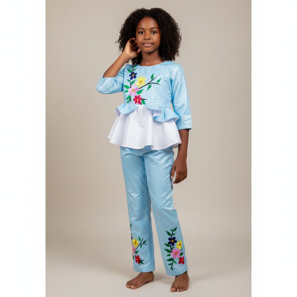 Bazin riche fille 12 ans bleu clair, ensemble cérémonie brodé élégant