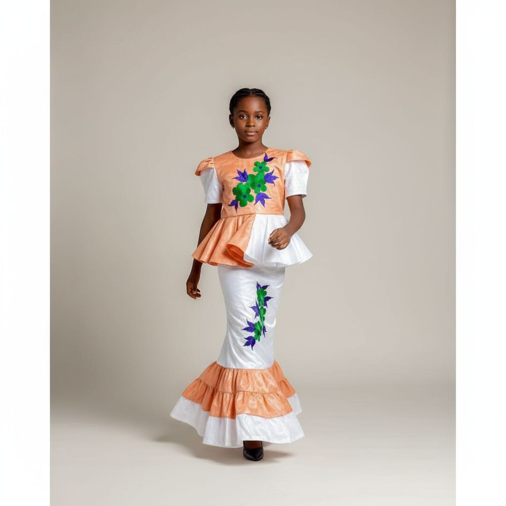 Bazin riche fille 12 ans orange clair et blanc, ensemble cérémonie élégant