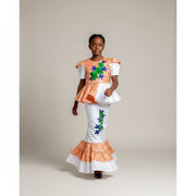Bazin riche fille 12 ans orange clair et blanc, ensemble cérémonie élégant