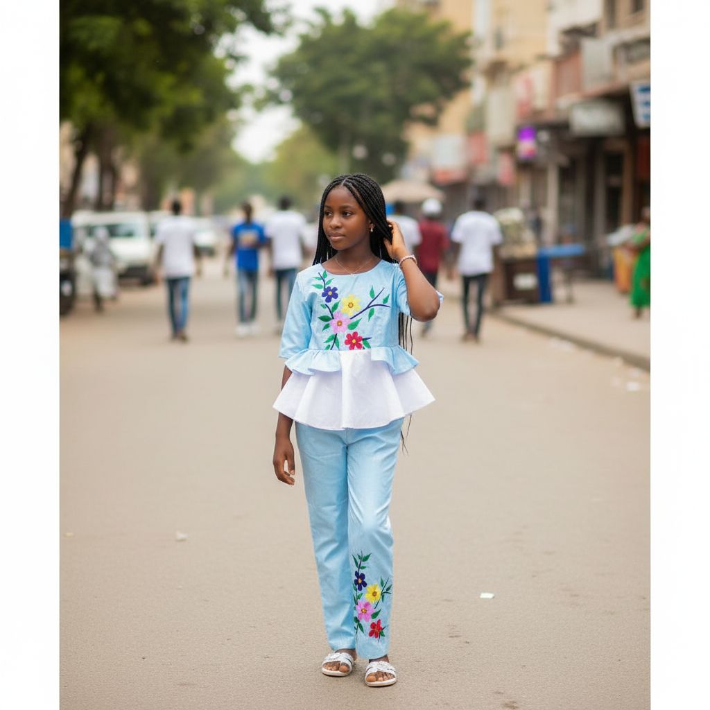 Bazin riche fille 12 ans bleu clair, ensemble cérémonie brodé élégant