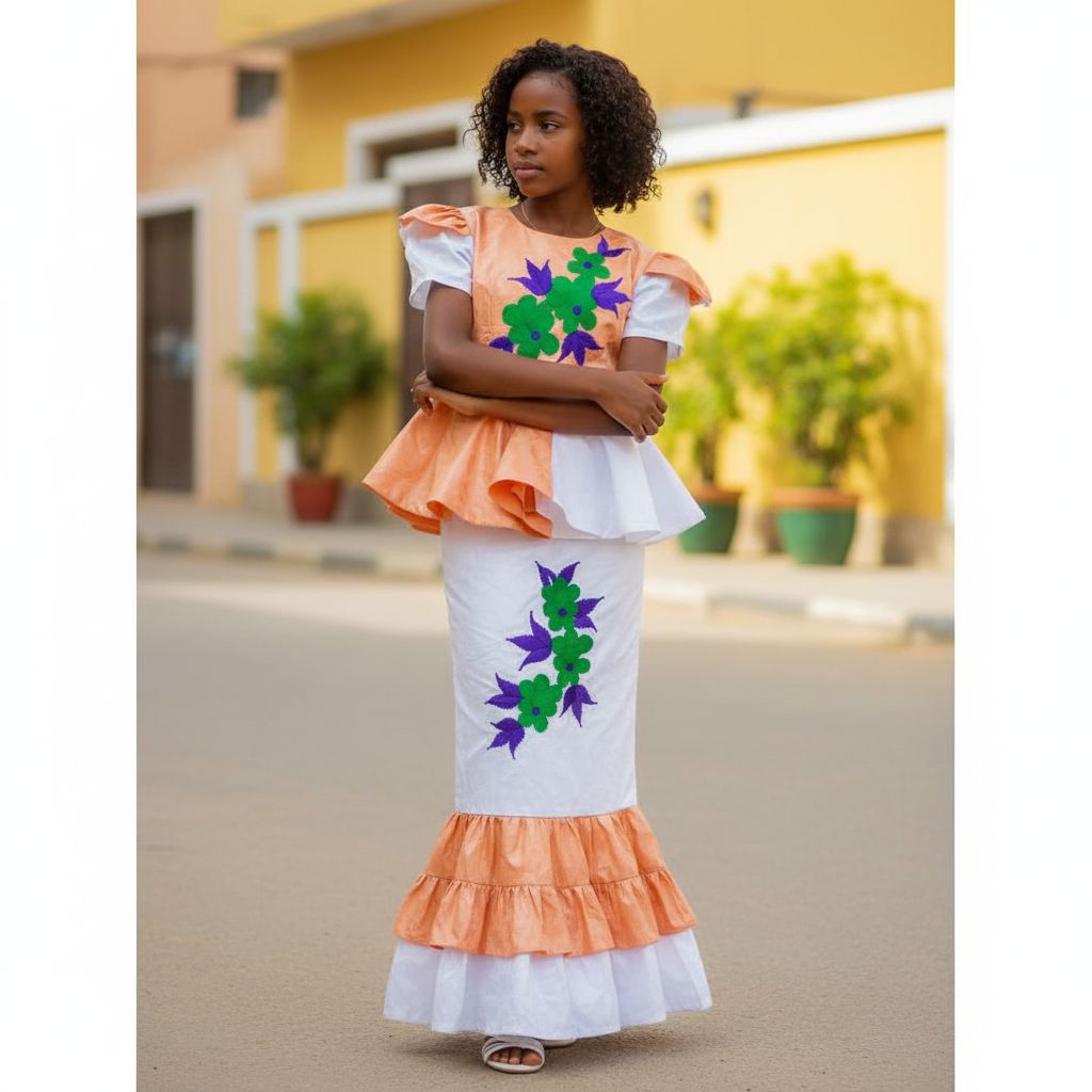 Bazin riche fille 12 ans orange clair et blanc, ensemble cérémonie élégant