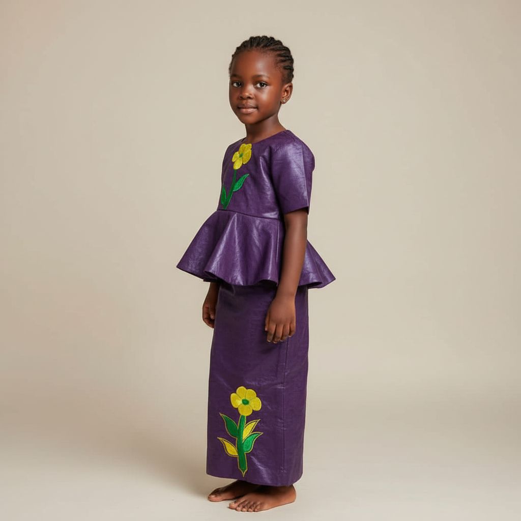 Bazin riche fille 4 ans mauve foncé, ensemble cérémonie jupe et haut élégant