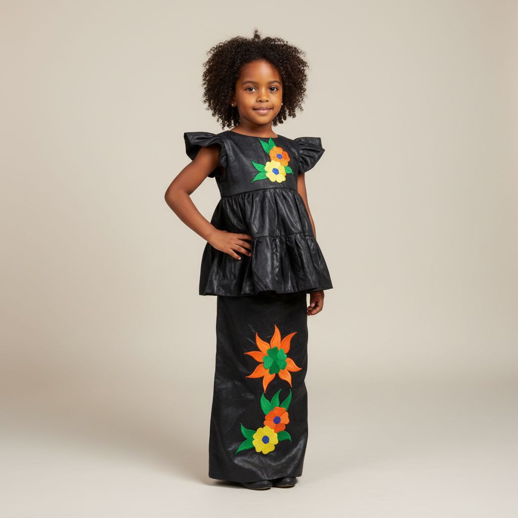 Bazin riche fille 4 ans noir, ensemble cérémonie jupe et haut brodé élégant