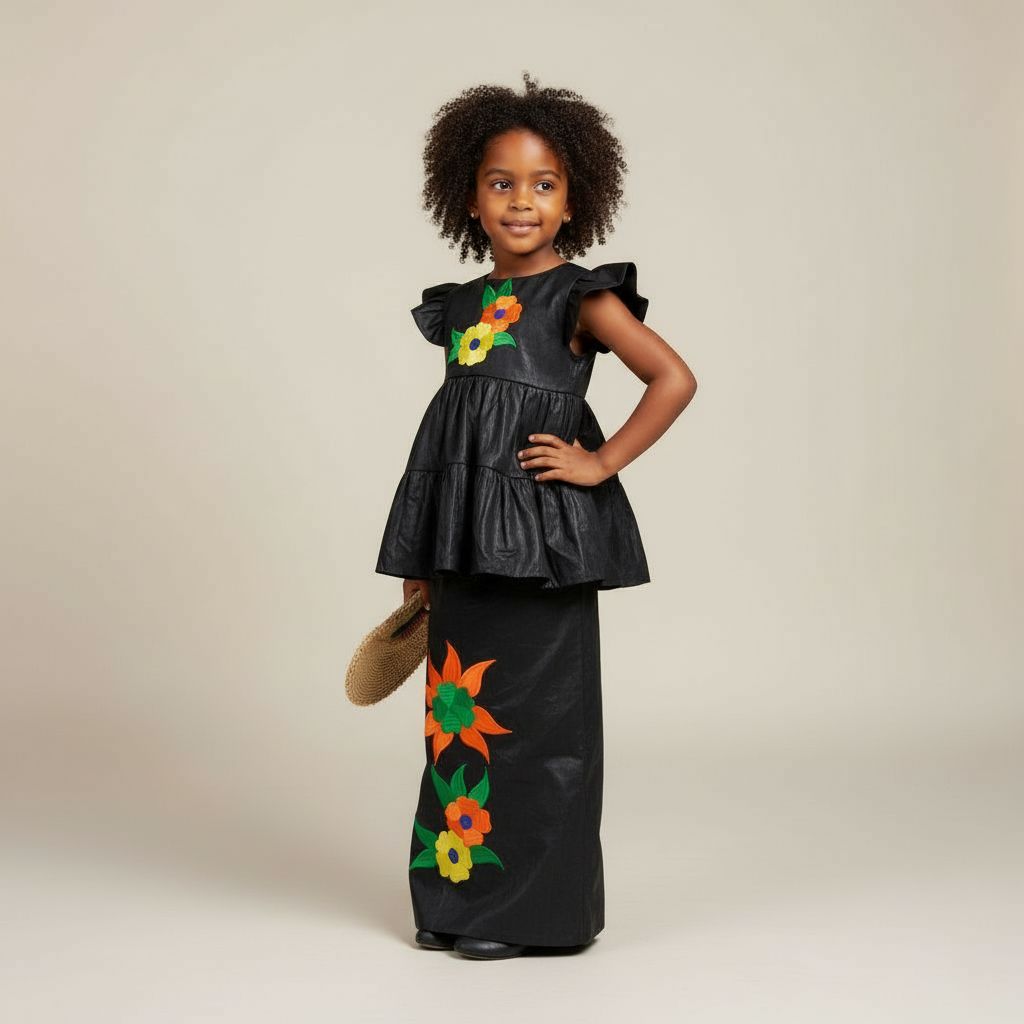 Bazin riche fille 4 ans noir, ensemble cérémonie jupe et haut brodé élégant