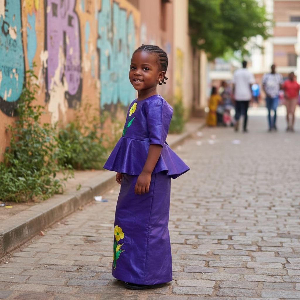 Bazin riche fille 4 ans mauve foncé, ensemble cérémonie jupe et haut élégant