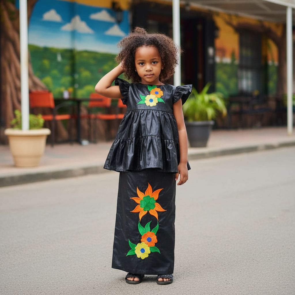 Bazin riche fille 4 ans noir, ensemble cérémonie jupe et haut brodé élégant