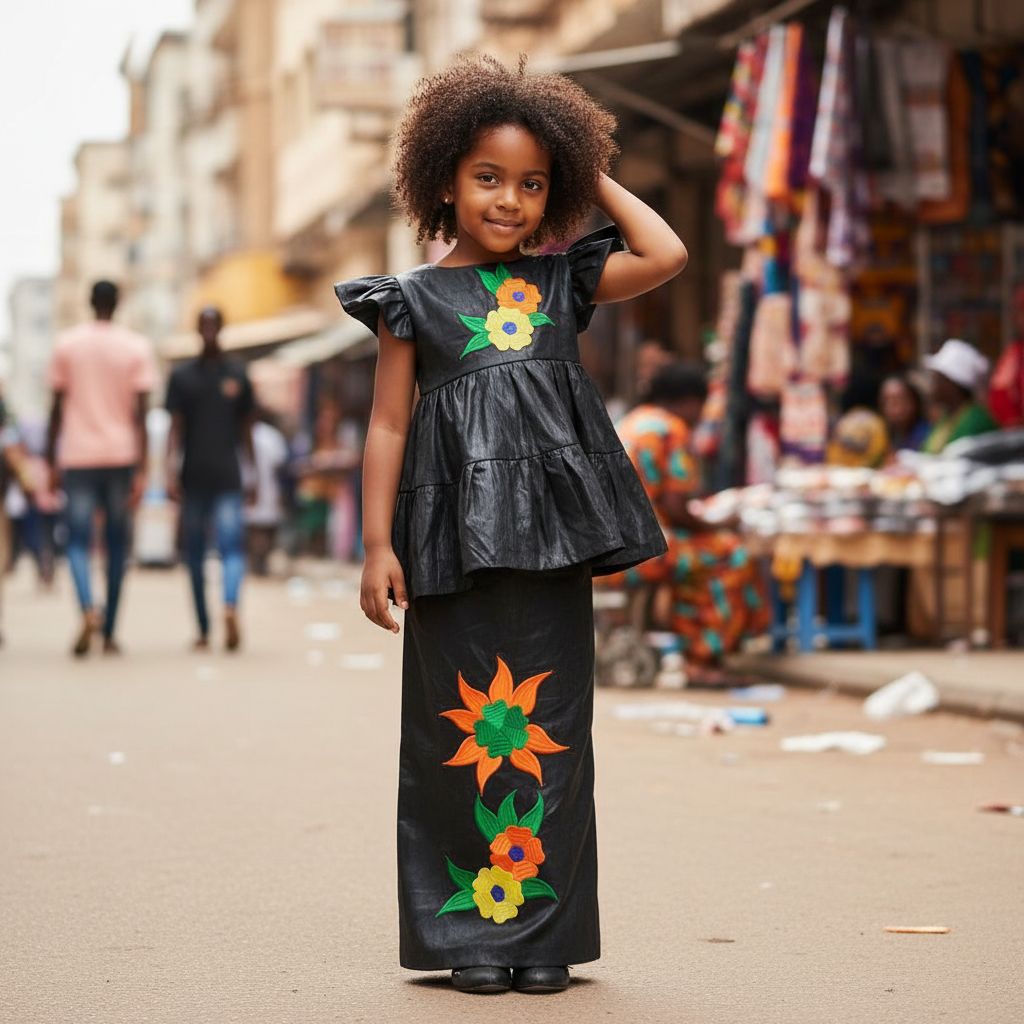 Bazin riche fille 4 ans noir, ensemble cérémonie jupe et haut brodé élégant