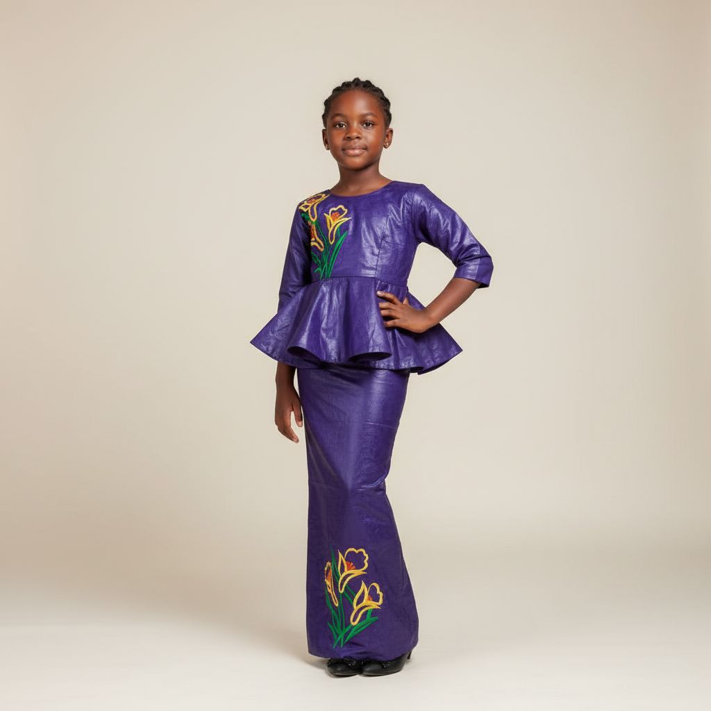 Bazin riche fille 6 ans mauve foncé, ensemble cérémonie brodé élégant