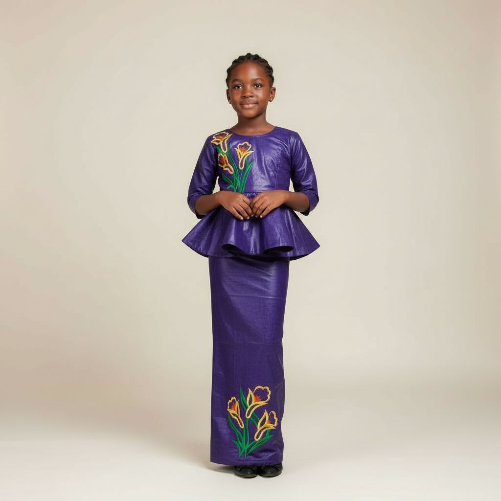 Bazin riche fille 6 ans mauve foncé, ensemble cérémonie brodé élégant