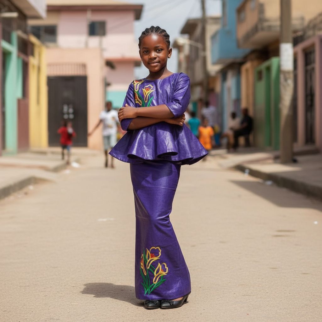 Bazin riche fille 6 ans mauve foncé, ensemble cérémonie brodé élégant