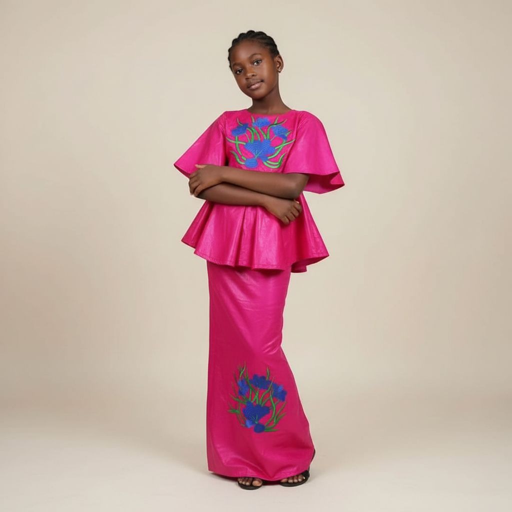 Bazin riche fille 9 ans rose fushia, ensemble cérémonie élégant jupe et haut