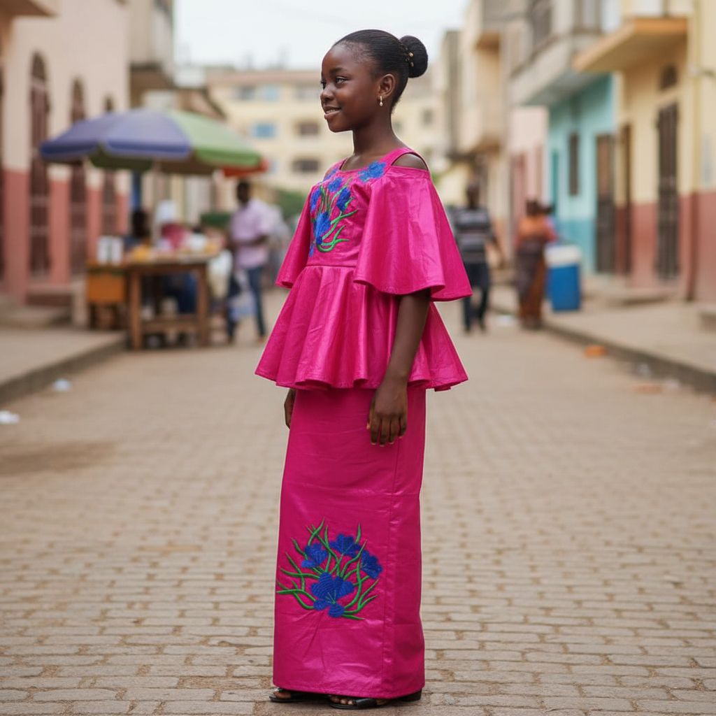 Bazin riche fille 9 ans rose fushia, ensemble cérémonie élégant jupe et haut