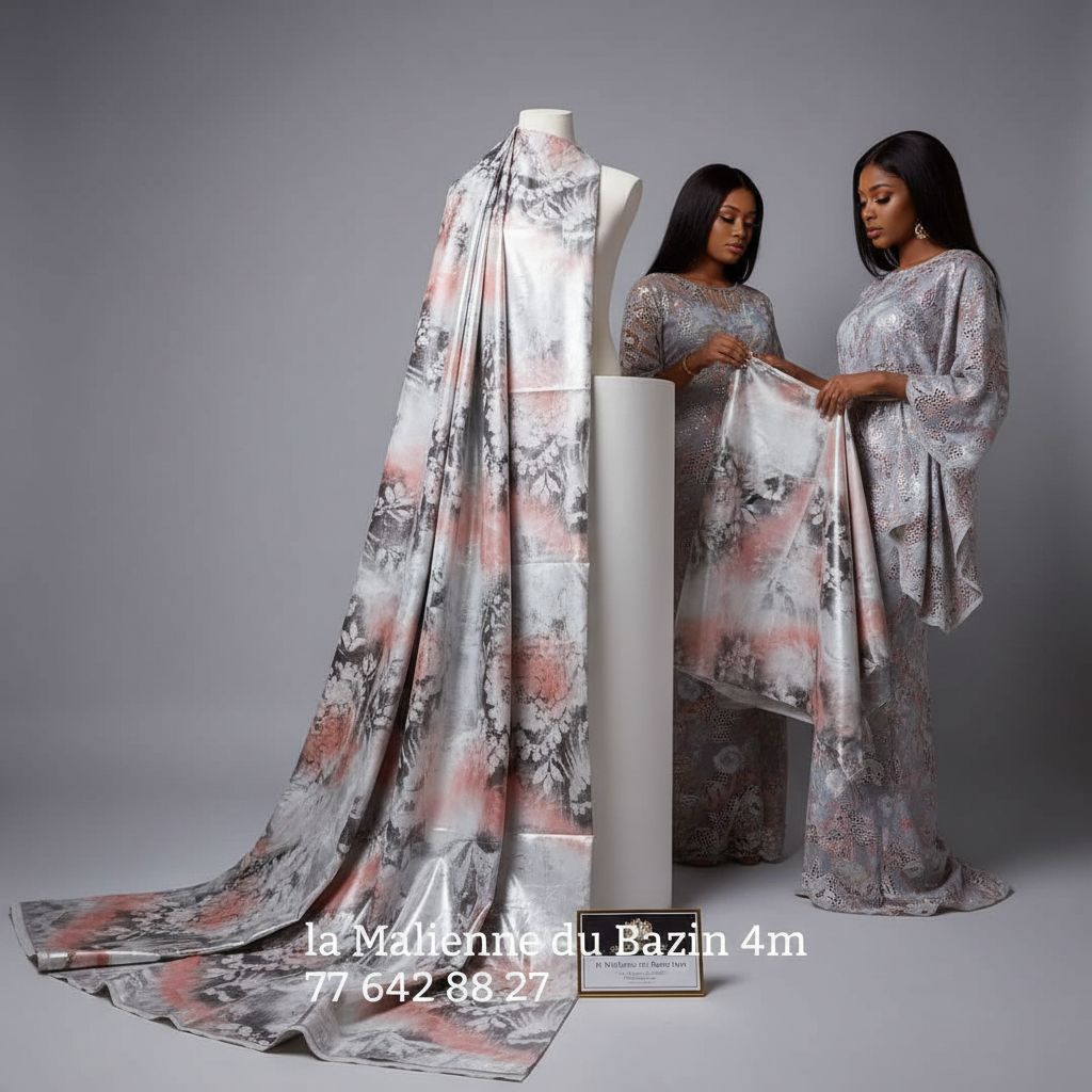 Bazin thioup 4m gris rose, tissu africain élégant pour robe de cérémonie