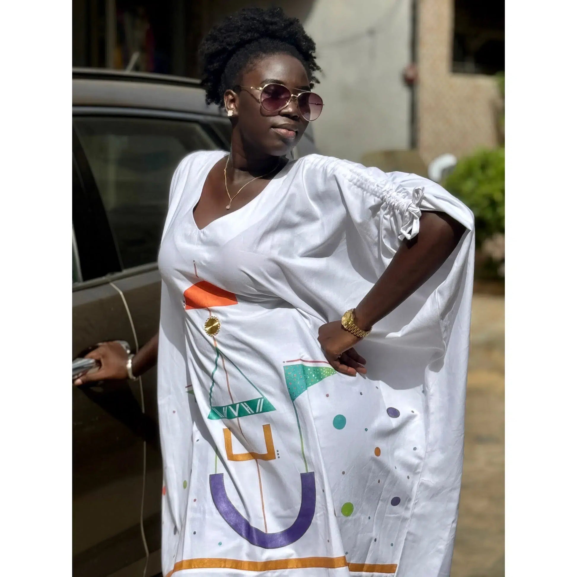 Tunique blanche femme 3/4 coton, motif artistique peint main, look chic