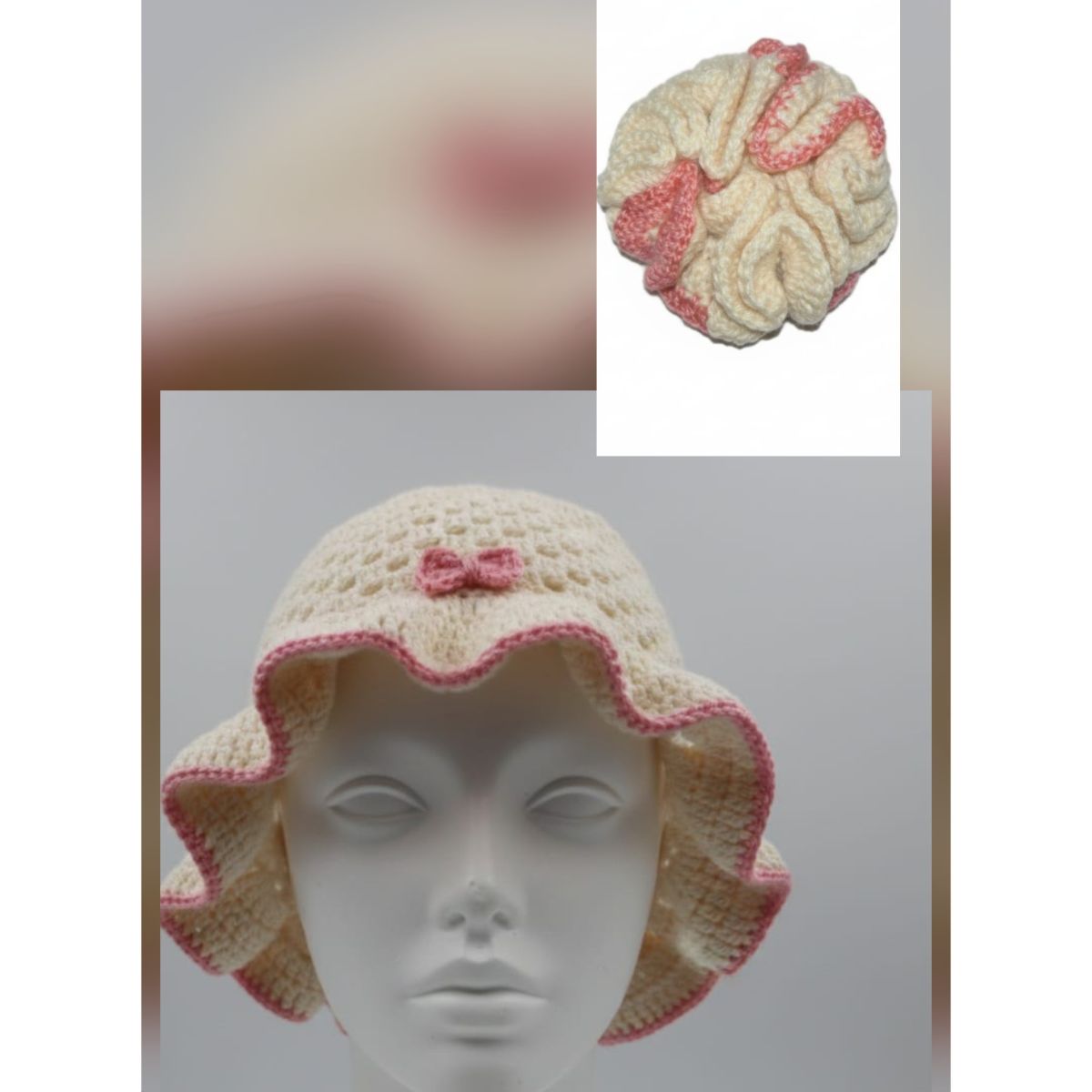 Ensemble – Chapeau &amp; Chouchou Crocheté en laine Crème/Rose