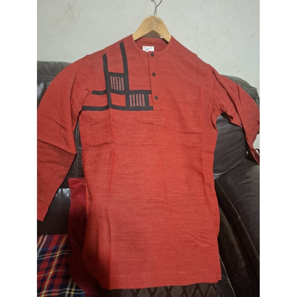 Chemise homme coton rouge col mao pagne tissé manches longues