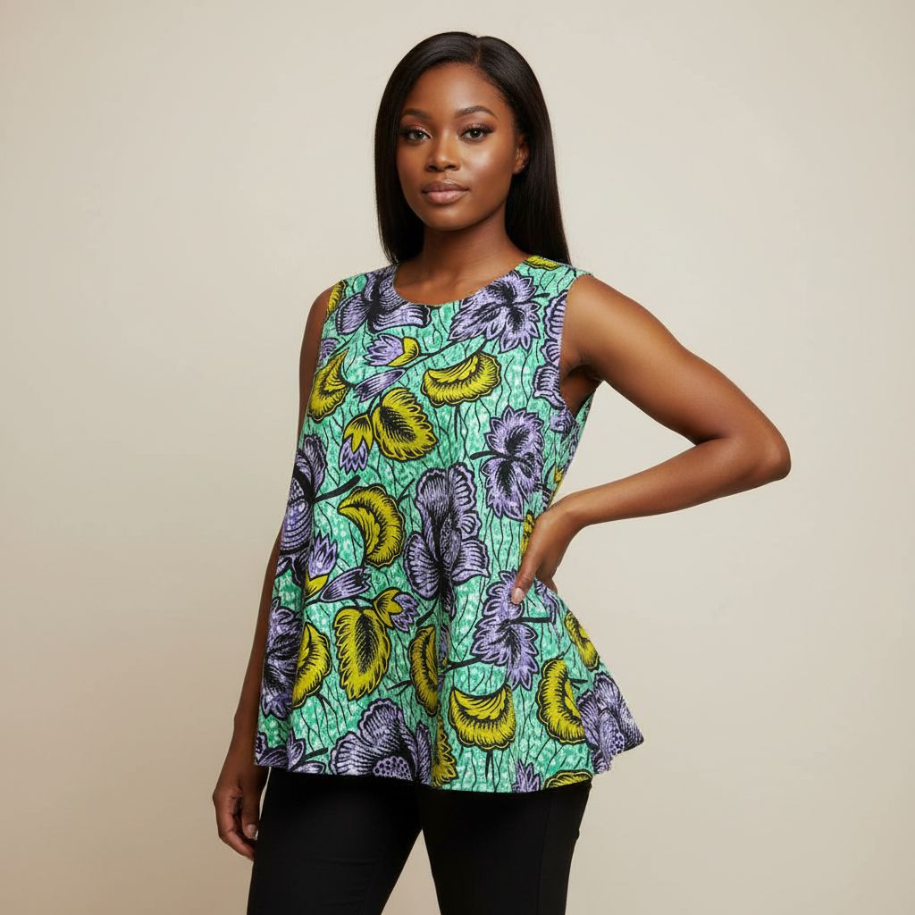 Blouse femme sans manches vert motifs, haut évasé floral chic été