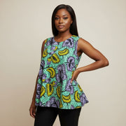 Blouse femme sans manches vert motifs, haut évasé floral chic été